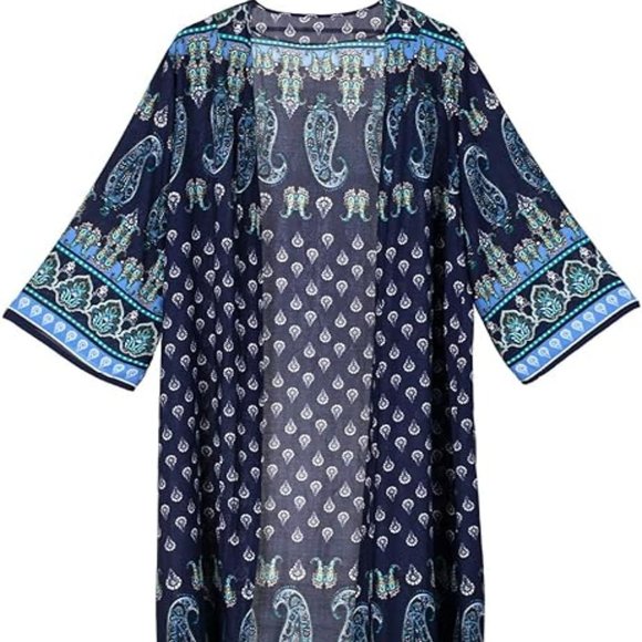 Maxi Kimono Cardigan beach cover up paisley print one size women navy blue boho - Picture 2 of 7